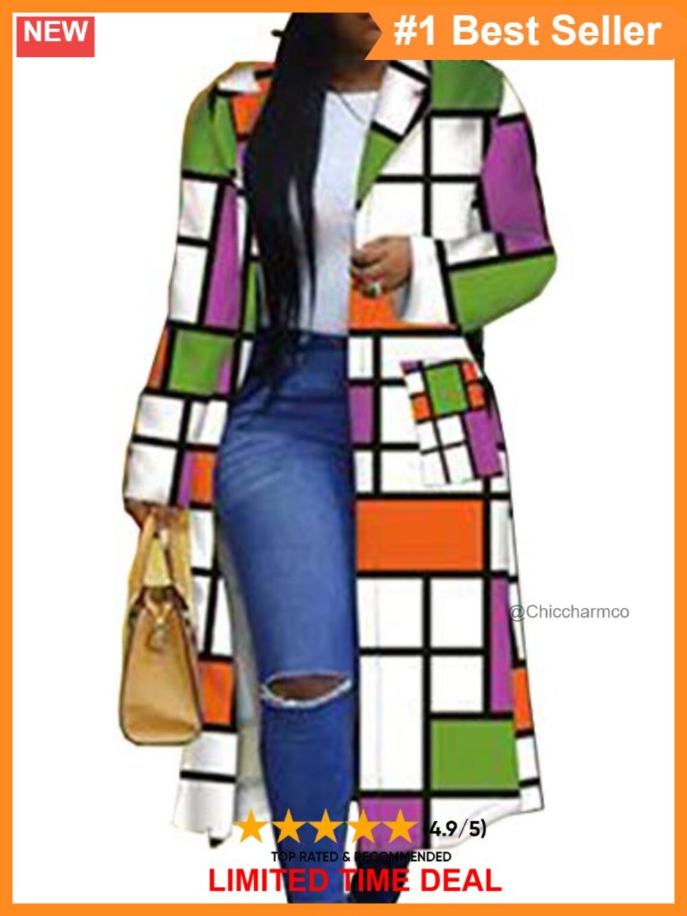 Women's Geo Print Double Breasted Trench Coat Long Sleeve Knee Length
